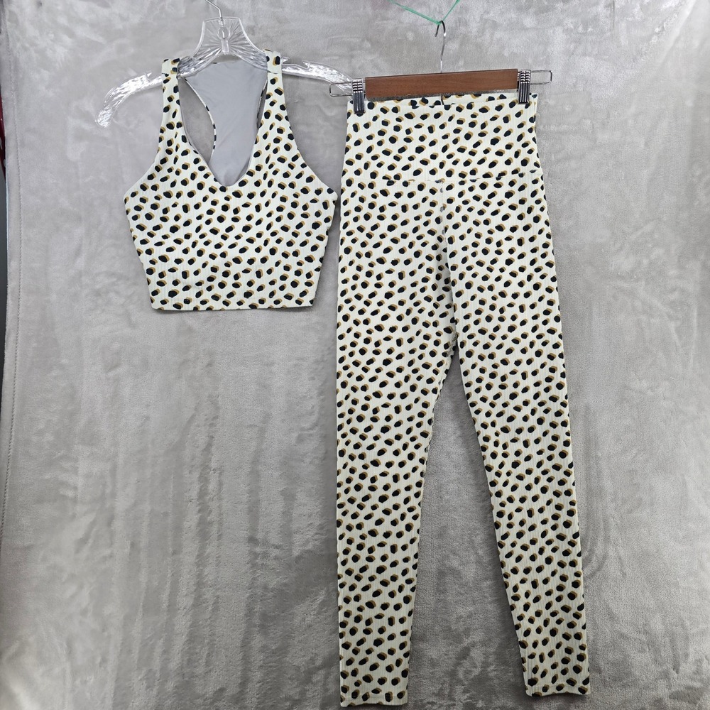 Beach Riot Womens Small Leggings Sports Bra Set Wild Spot Cream Black Ribbed